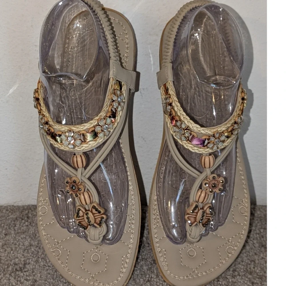 Boho Beaded Floral Butterfly Sandals Beige Elastic Slingback Flat Size 11 NEW‎